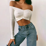 Amozae-Sexy Off Shoulder Bare Midriff Folds Rib T Shirt Women Long Sleeves Slash Neck Short Tshirt Ladies Tee Shirt Camisetas Mujer