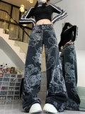 Amozae-Women Dragon Print Jeans Black Gothic Baggy Vintage Aesthetic Cowboy Pants Harajuku Denim Trousers Y2k Trashy 2000s Clothes 2024