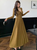 Amozae-Christmas Outfit New Year's Eve Dress party look inspos Women's Elegant Pleated Knitted Dress with Ribbon Autumn Long Sleeve V-Neck Slim Party Vestidos Korean Female Evening Dresses