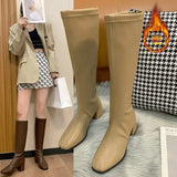 Amozae-2024 Fashion Women  Black Block High Heels Long Boots New Winter Warm Knee High Boots Soft Leather Thigh High Boots Shoes