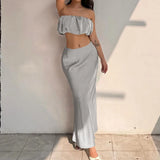 Amozae-One-Shoulder Strap Crop Top Slim Skirt Suit For Women Sexy Satin Top Solid Long Skirt Female Party Summer Two Pieces Set