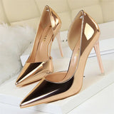 New Fashion Glitter Sequined Women Pumps Sandals Elegant Party Shallow Mouth Pointed Side Hollowed Out Gold High Heels Mules