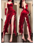 Amozae-Christmas Party Dresses Red Rose Elegant One Piece Dress Women Sleeveless Y2k Designer Long Dress Female Strapless Retro Irregular Dress 2024 Summer New