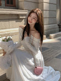 Amozae-Autumn Fashion White Knitted Dress Women Elegant Sexy Off Shoulder Slim A-Line Robe Korean Spring Casual Long Sleeve Clothing