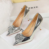 BIGTREE Fashion Patent Leather Flowers Women Pumps Sexy Pointed Toe Metal Decoration Thin Heels Wedding Elegant Party Shoes