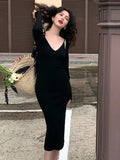 Amozae-Christmas Outfit New Year's Eve Dress party look inspos Autumn Chic Knitted 2-piece Dress Set Women Crop Cardigan and V-neck Spaghetti Strap Midi Dress French Vintage Female Solid Suit