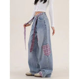 Amozae-American women retro bow tie tied jeans with grid splicing Harajuku Y2k loose casual slimming wide leg pants jeans woman