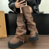 Amozae-Chunky Women Knight High Boots Fashion Platform Flats Trouser Long Booties Autumn Winter Female Western Cowboy Shoes