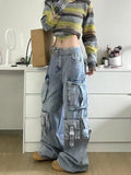 Amozae-Cargo Jeans Multiple Pocket Design New Ladies American Street Style Baggy Cargo Pants Women Blue Wide Leg Jeans For Women