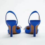 AMOZAE- - Blue Slingback Pumps for Women High Heels with Crystal Bowknot