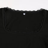 Amozae Lace Vintage Square Collar Crop Top Knitwear Slim Fit Black Y2K Long Sleeve Tee Shirt Autumn Shirts Inside Casual