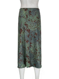 Amozae Vintage Long Skirt Green Floral Print Women Y2K High Street Grunge Fashion Elegant Mid-Calf Skirt Autumn Winter 2023