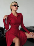 Amozae Lapel Fashion Autumn Mini Dress Female High Waist Solid Slim Patchwork Skinny Casual Party Dress Women's Bodycon Dress