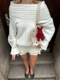 Amozae Off-Shoulder Solid Knit Sweater Women Casual Loose Long Sleeve Patchwork Oversized Sweater Slim Fashion Pullover Female