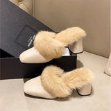 Amozae-Muller Half Slippers Mule Shoes with Fur Thick Heeled Square Head 2023New Autumn Winter Fashion Half Slipper Fur Women Shoes