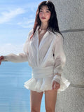 Amozae- White Chiffon Mini Dress For Women Casual Loose Oversized Pleated Mini Dress See-through Summer Beach Elegant Shirt Dress