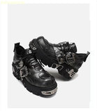 Amozae-Retro Rock Dark Black Punk Leather Shoes 2025 New Platform Metal Stitching Unisex Shoes Low-Top Height-Enhancing Big-Head Shoes