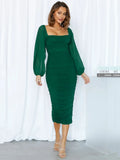 Amozae-A Elegant Long Sleeve Backless Midi Dress Women Autumn New Two Layer Mesh Square Collar Bodycon Club Party Sexy Dress