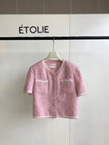 Amozae-Spring Summer Casual Outfits Pink Yello Short Sleeve Tweed Jacket With Dual Pocket For Summer Spring