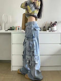 Amozae-Cargo Jeans Multiple Pocket Design New Ladies American Street Style Baggy Cargo Pants Women Blue Wide Leg Jeans For Women