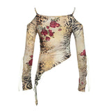 Amozae Asymmetric Tiger Pattern Rose Print T-shirt Y2K Long Sleeve Off Shoulder Vintage Suspender Top Fashion Streetwear