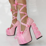 Amozae-2025 New Lolita Pink Sandals Sweet Strappy Platform Thick Heel Large Size 47 Women's Pumps Satin Bow Tie Lace-Up Fashion Sandals