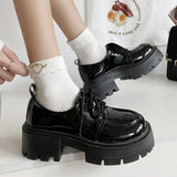 AMOZAE- - Sophisticated Style Black Patent Leather Oxford Chunky Platform Pumps