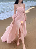 Amozae-Christmas Party Dresses  Pink Elegant Pleated High Waist Split Long Dress Women Fashion Backless Halter Strapless Fairy Dress Female 2024 Vestido