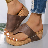 Amozae-Women's Vintage Brown Wedge Heel Sandals Summer Clip Toe Non Slip Beach Slippers Woman PU Leather Platform Roman Sandalias Mujer