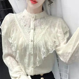 Amozae-2024 Spring Autumn New French Style Vintage Shirt Women's Design Sensibility Niche Versatile Ruffle Edge Chiffon Lace Top