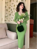 Amozae-Christmas Outfit New Year's Eve Dress party look inspos Autumn Chic Knitted 2-piece Dress Set Women Crop Cardigan and V-neck Spaghetti Strap Midi Dress French Vintage Female Solid Suit