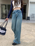 Amozae-Flare Jeans Ruffles High Waist Women Baggy Washed Vintage Harajuku Streetwear Retro Denim Floor Mopping Pants