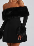 Amozae-new years eve outfits Christmas party outfits Women Black Fluffy Faux Fur Backless Mini Dress Fashion Strapless High A-neck Slim Dresses 2024 New Lady Party Gown Vestidos