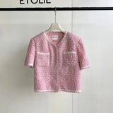 Amozae-Spring Summer Casual Outfits Pink Yello Short Sleeve Tweed Jacket With Dual Pocket For Summer Spring