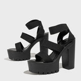 Amozae Punk Style Chunky High Heels Platform Sandals Women Open Toe Slip On Stretch Ankle Strap Summer Shoes Female Zapatos Mujer