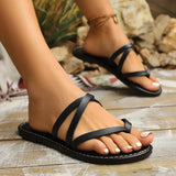 Amozae-Black Clip Toe Flat Slippers for Women Summer Comfortable Non Slip Beach Flip Flops Woman Plus Size Cross Strap Roman Sandals