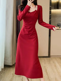 Amozae-Christmas Outfit New Year's Eve Dress party look inspos Vintage Bodycon Women Fashion Black Red Dress Long Sleeve Elegant Slim Party Birthday Dresses Female Clothes Robe Vestidos New