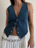 Amozae- Women Y2K Vintage Denim Vest Corset Sleeveless Waistcoat V-Neck Tank Tops Button Down Irregular Hem Jean Slim Jackets
