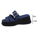 Amozae-Blue Denim Chunky Platform Slippers Women Fashion Buckle Wedge Heels Sandals Woman Summer Comfort Thick Bottom Outdoor Slippers