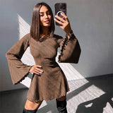 Amozae-Sexy Dresses Nightclub Mini Short Party Dress Women Back Bandage O Neck A Line Flare Sleeves Autumn Vestidos Ladies Fall Robe