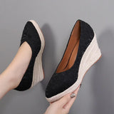Amozae-New Pointed Shallow Mouth Women Wedge Heel Thick Sole Single Shoes Women Straw Woven Twine rope sole Spring Autumn Shoes