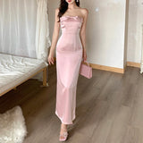 Amozae-Christmas Party Dresses Pink Bow Neckline Patchwork Mesh Vest Dress Long Skirt Satin Light Gown High Waist Slim-Fit Elegant Party Maxi Dresses Female