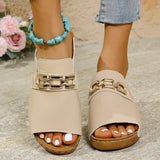Amozae-Fashion Metal Decor Wedge Slippers Women Plus Size Peep Toe Platform Sandals Woman Summer Thick Sole PU Leather Beach Slippers