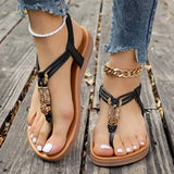 Amozae-Bohemian Style Women's Beaded Flat Sandals Casual Clip Toe Soft Sole Beach Shoes Woman Lightweight Elastic Band Summer Sandals