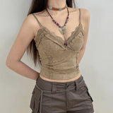 Amozae Lace V-Neck Camisoles Summer Women Retro Sexy Cropped Tanks Y2K Aesthetic Sleeveless Khaki Cute Skinny Vest Tee 2000s