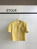 Amozae-Spring Summer Casual Outfits Pink Yello Short Sleeve Tweed Jacket With Dual Pocket For Summer Spring