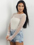 Amozae-A Pearl Mesh See Through T-shirt Women Fashion Long Sleeve Pullover Blouse Ladies Summer U Neck Sexy Tee Shirt Tops