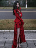 Amozae-new years eve outfits Christmas party outfits Autumn Red Vintage Elegant Dress Women Flare Sleeve Designer Sweet Long Dress Female Ruffles Retro Princess Irregular Dress 2024