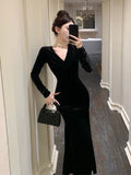 Amozae-Christmas Outfit New Year's Eve Dress party look inspos Elegant Velvet Evening Dresses Autumn Winter V-Neck Bodycon Mermaid Party Long Dress Solid Slim Waist Vestidos Women Clothing