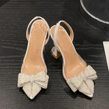 Amozae Fashion Design White Pearl Bowknot Women Pumps Sexy Pointed Toe High Heels Wedding Prom Shoe PVC Transparent Sandal Female